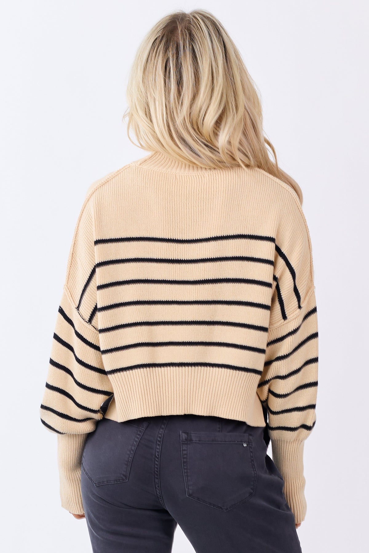 Beige and Black Striped Cropped Ribbed Knit Sweater