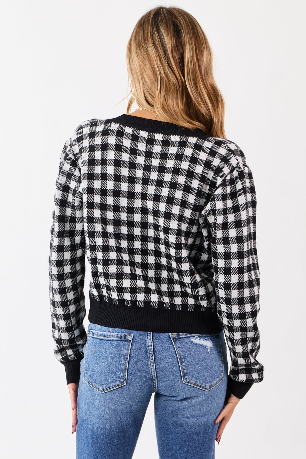 Black Checkered Button Down Cropped Cardigan