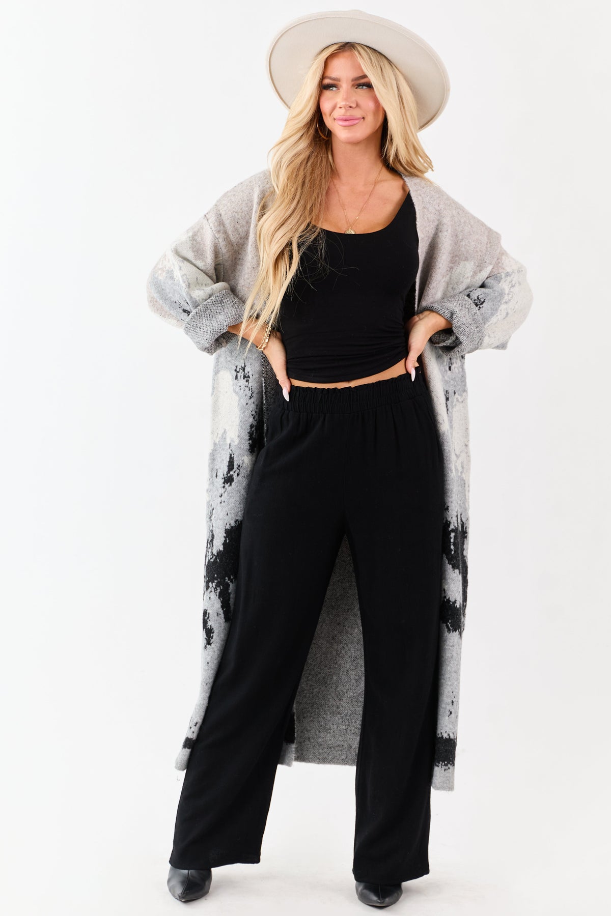 Black Smocked Waistband Wide Leg Linen Blend Pants