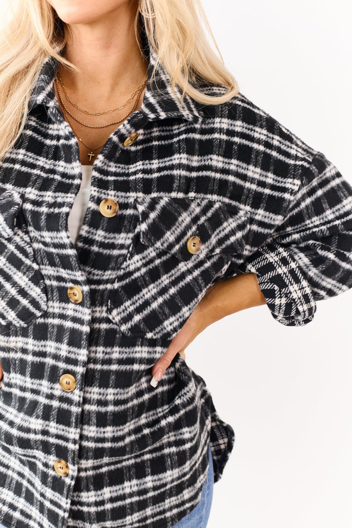 Black and Ivory Plaid Button Down Shacket