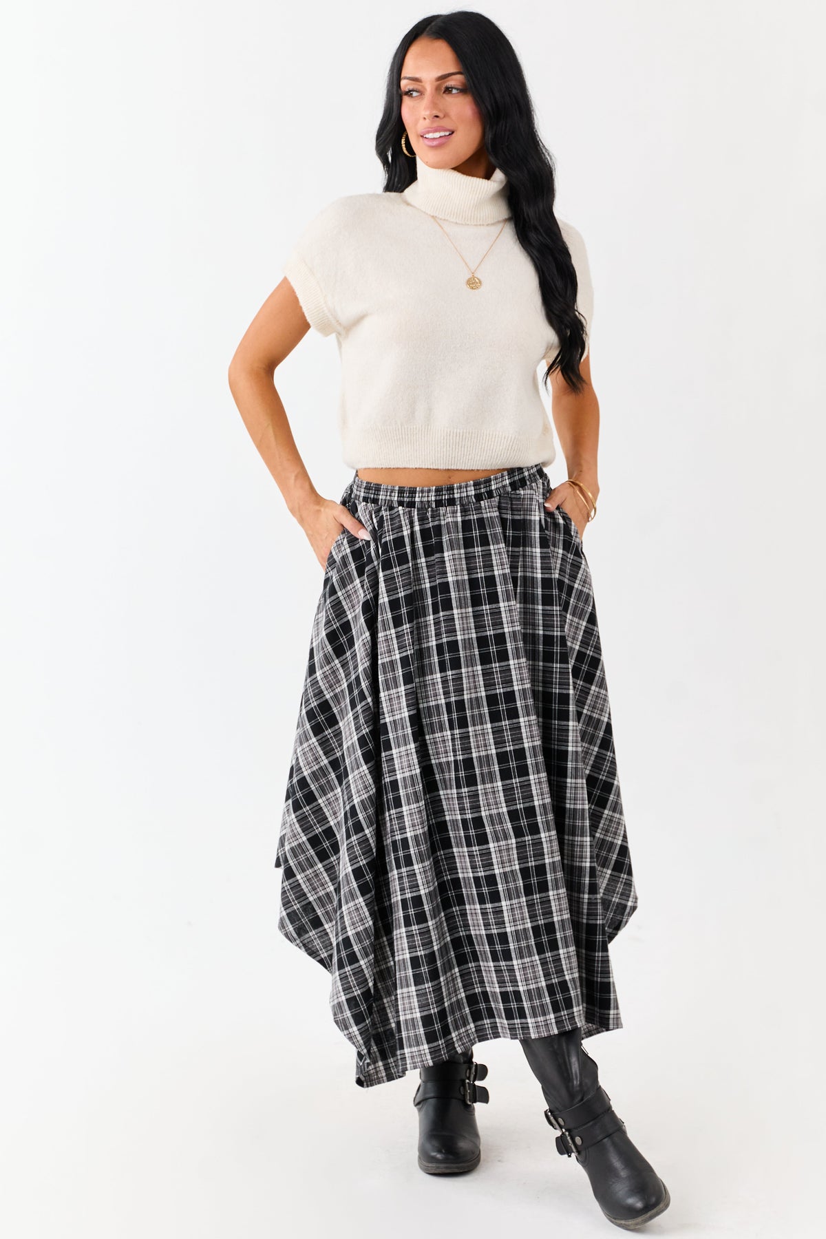 Black and Off White Plaid Cotton Midi Skirt