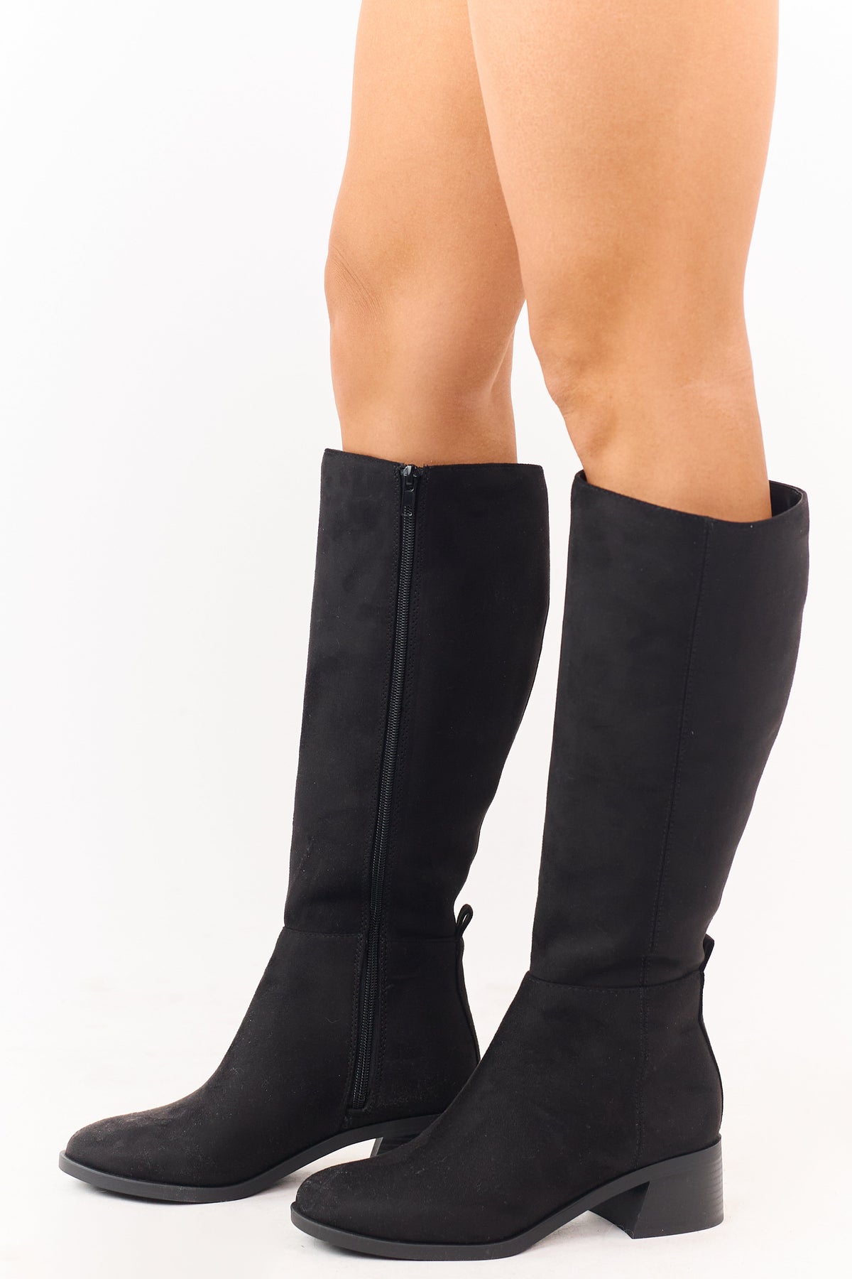 Black Faux Suede Wide Calf Block Heel Tall Boots