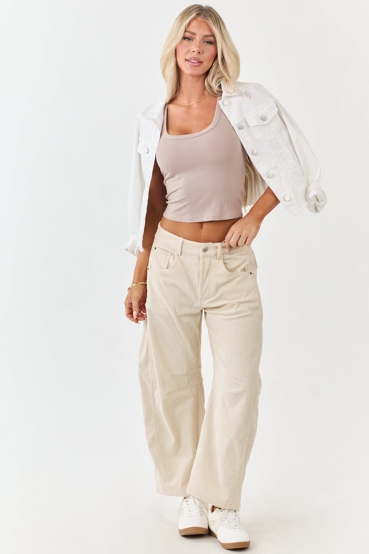Champagne Corduroy High Waisted Barrel Leg Pants