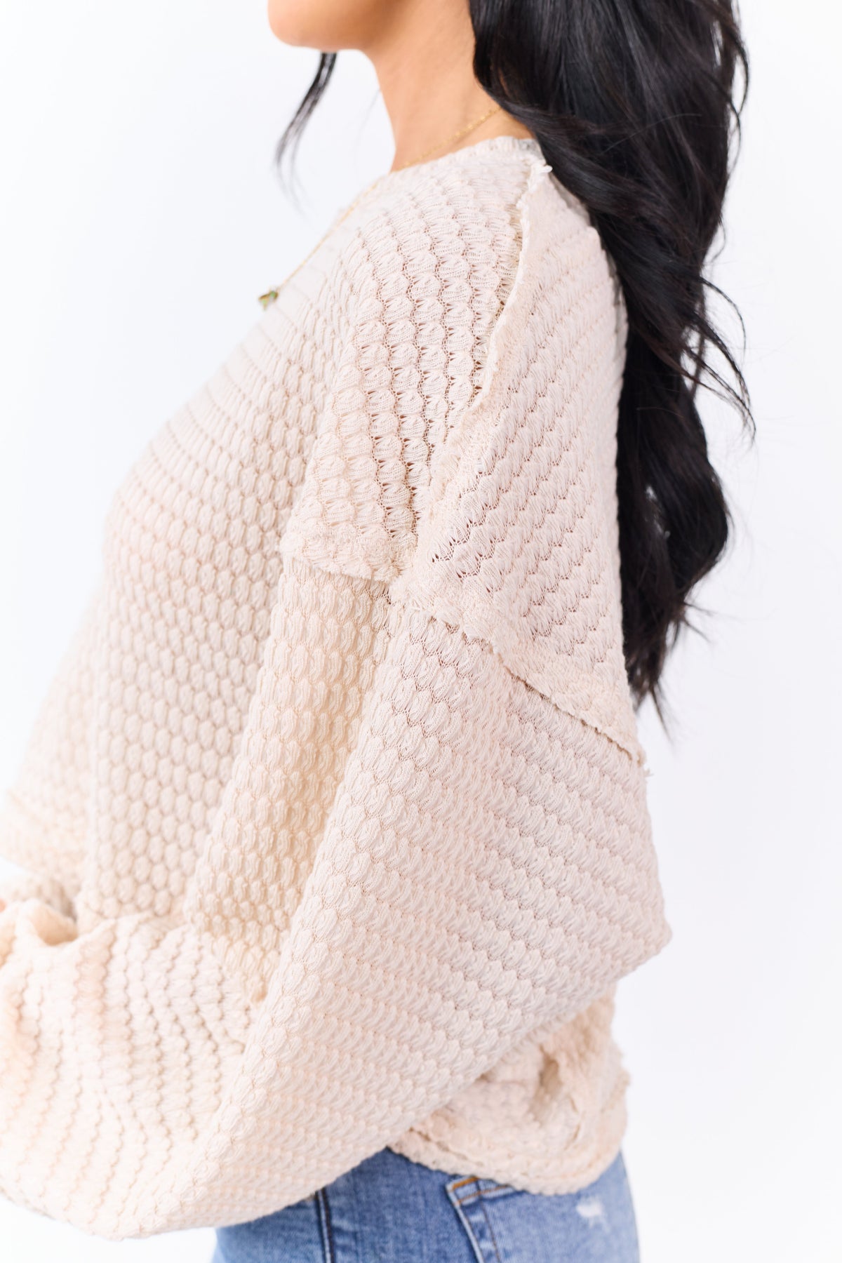 Champagne Waffle Knit Long Sleeve Boxy Top