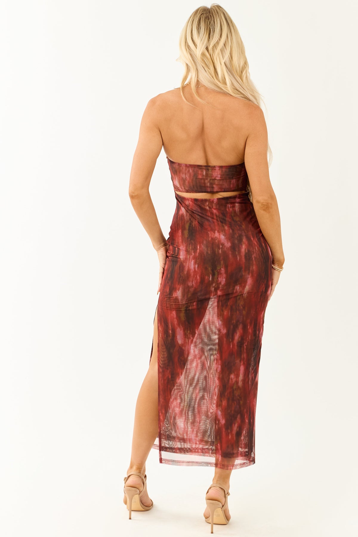 Cherry Abstract Print Mesh Strapless Midi Dress