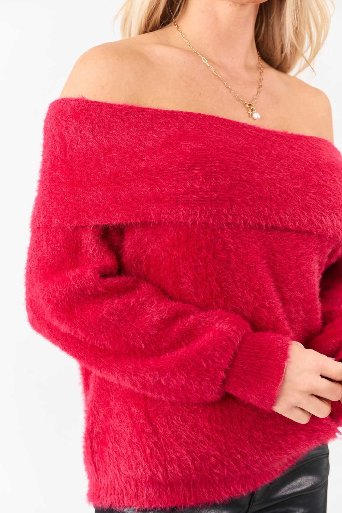 Cherry Eyelash Knit Off Shoulder Long Sleeve Sweater