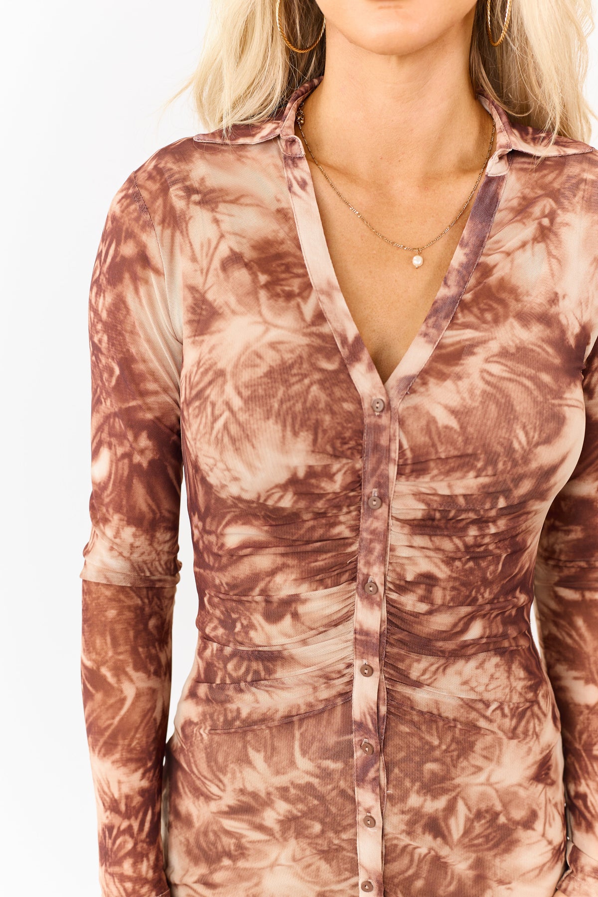 Chocolate Tie Dye Ruched Sheer Mesh Mini Dress