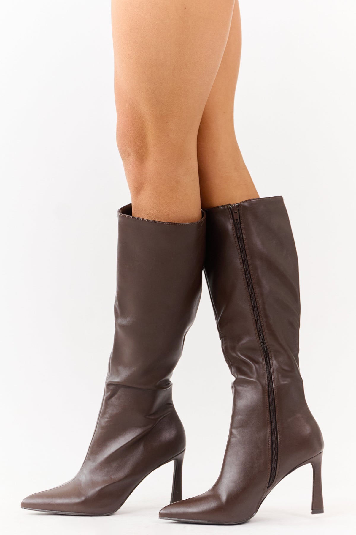 Chocolate Faux Leather High Heel Tall Boots