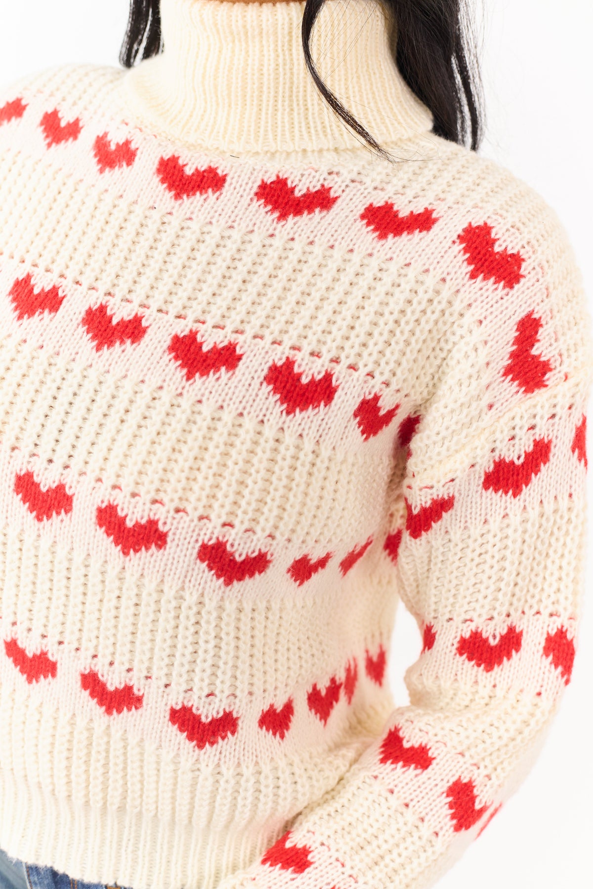 Cream Heart Print Turtleneck Long Sleeve Sweater