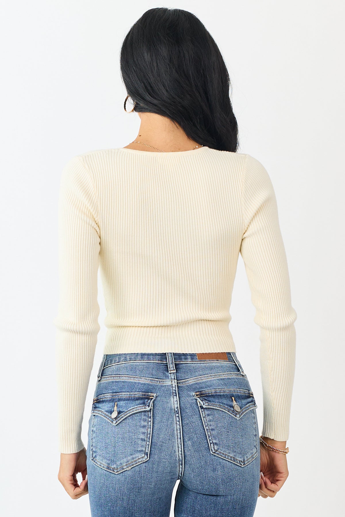 Cream V Notch Rib Knit Fitted Cropped Sweater Top