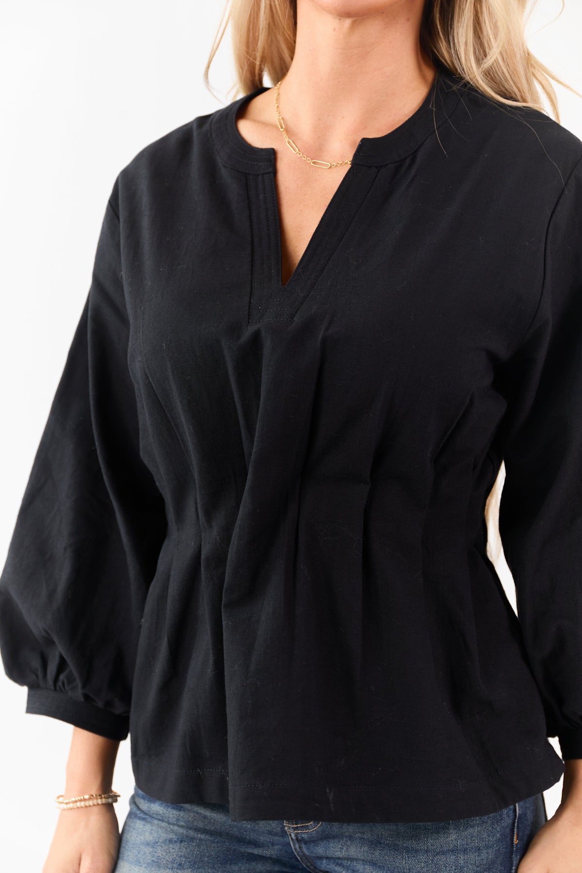 Entro Black V-Neck Long Sleeve Pleated Top