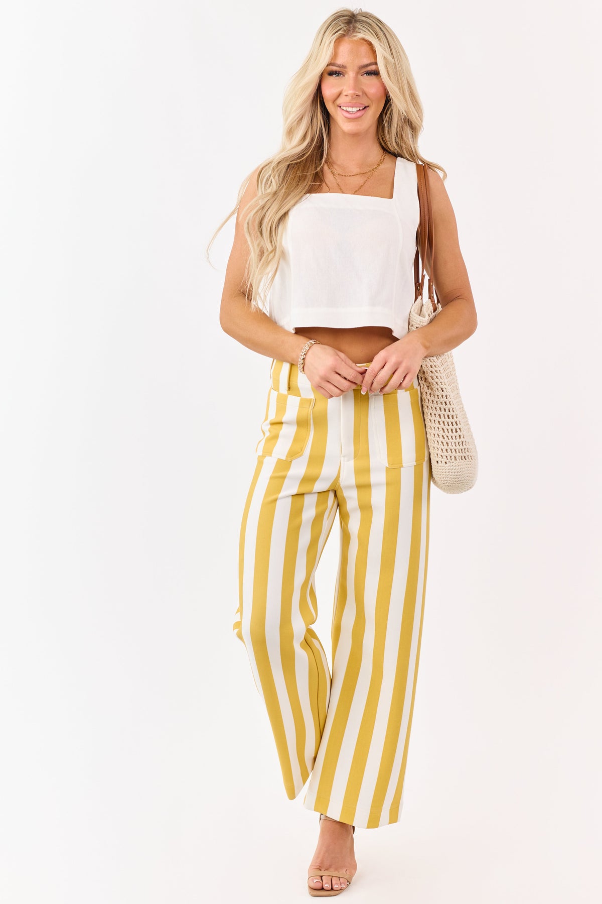 Entro Mustard Striped Relaxed Straight Knit Pants