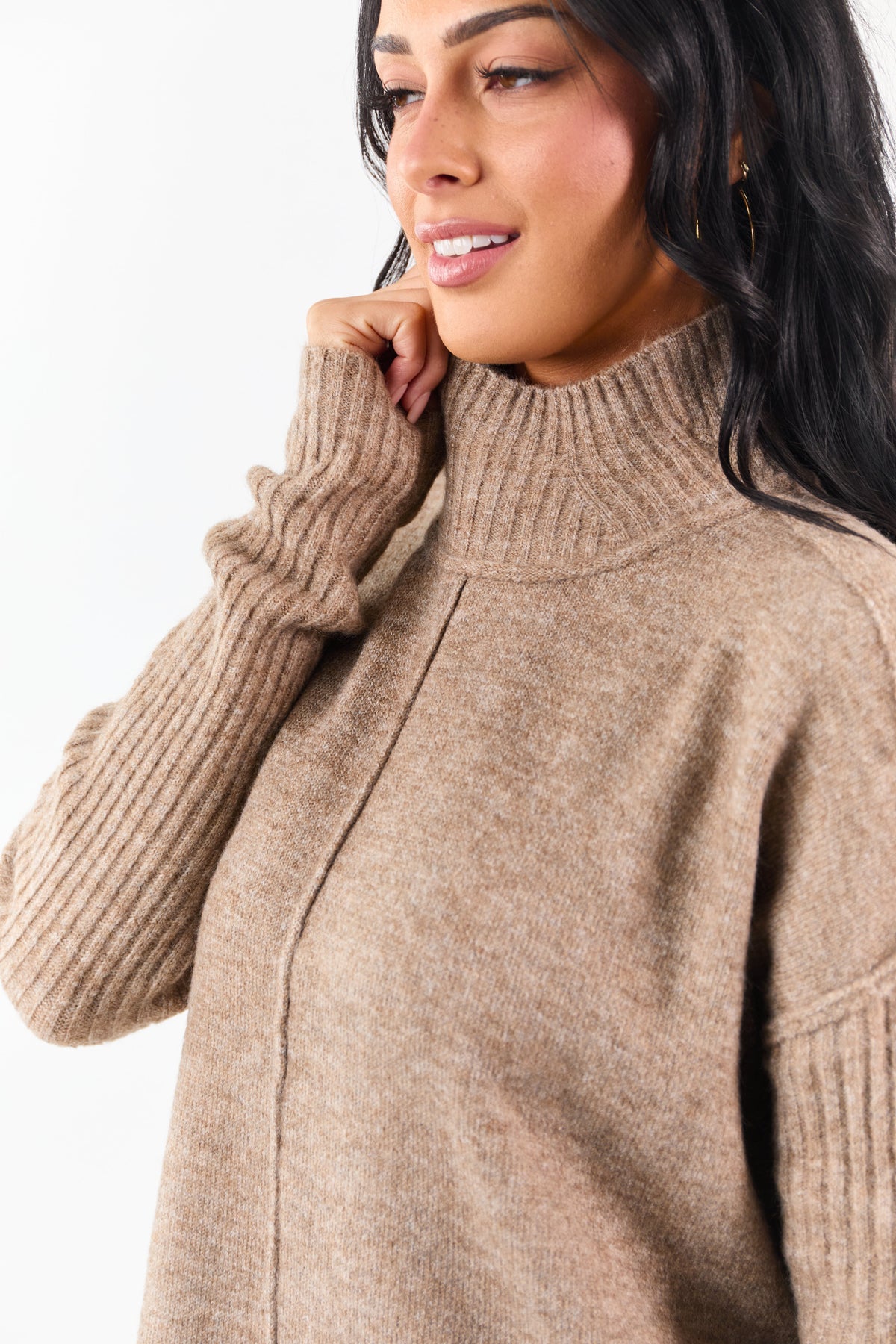 Heathered Coffee Mock Neck Mini Sweater Dress