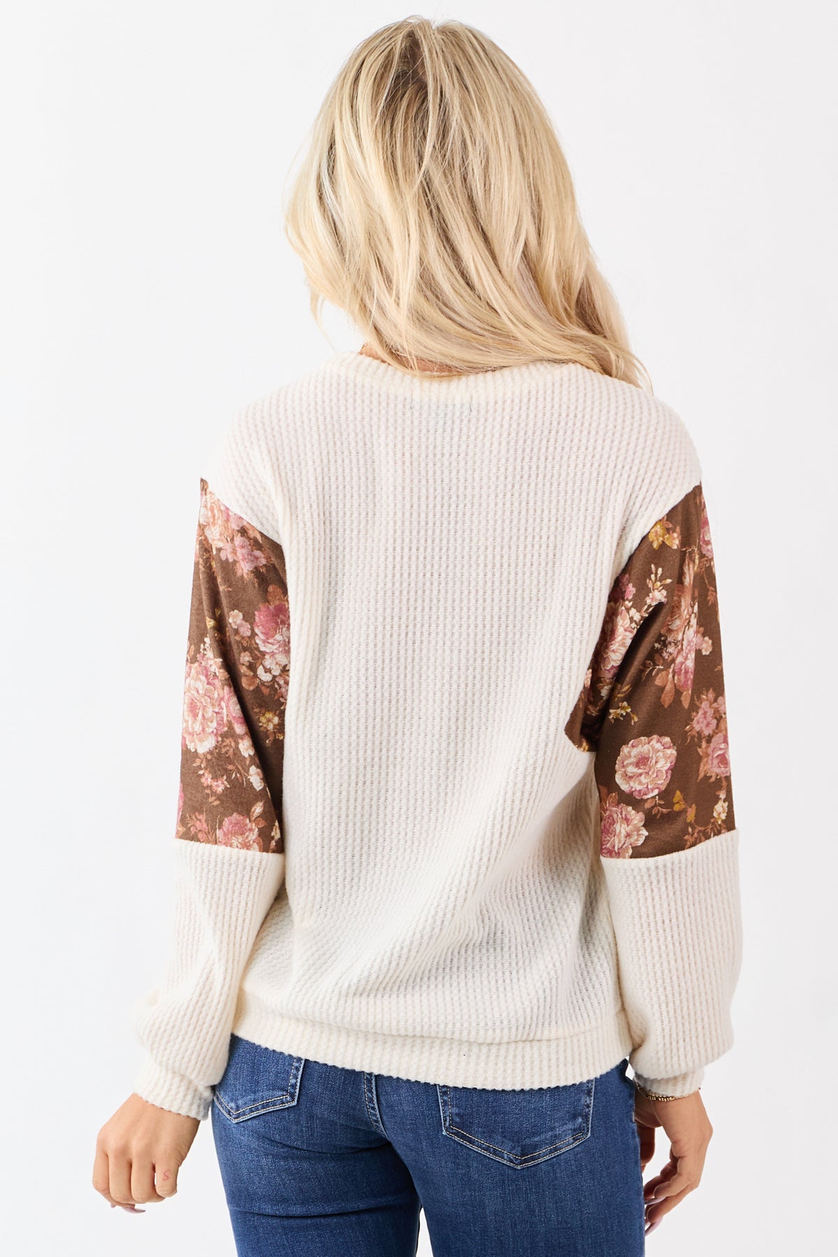 Ivory Waffle Knit Contrast Floral Print Sweater