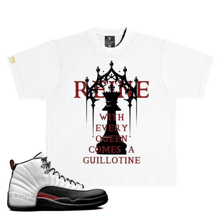 NOVEMBER REINE-"GUILLOTINE" HEAVYWEIGHT LUXURY T-SHIRT WHITE AND BLOOD RED