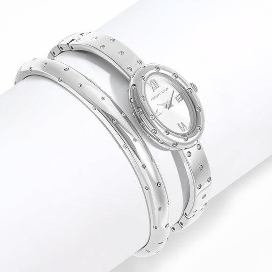 Polka Dot Crystal Watch & Bangle Set (Silver)