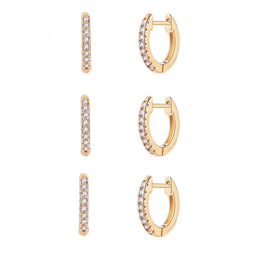 18K Gold Plated 3 Pack Cubic Zirconia Huggie Cuff Earrings