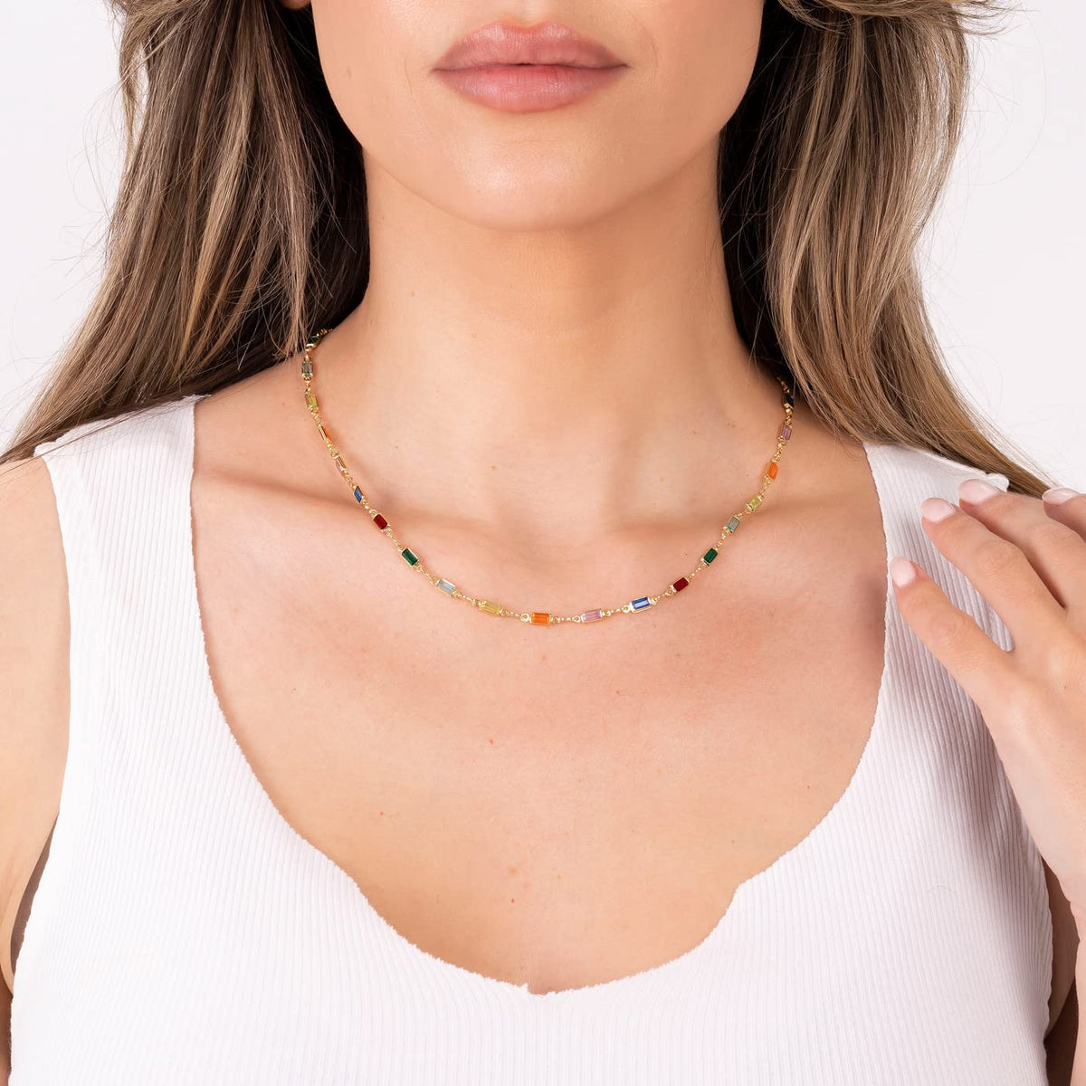 18K Gold Plated Dark Multicolor Crystal Baguette Necklace
