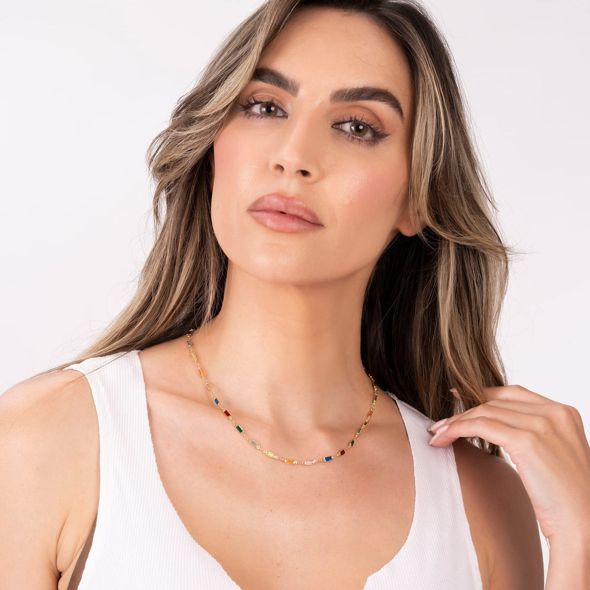 18K Gold Plated Dark Multicolor Crystal Baguette Necklace
