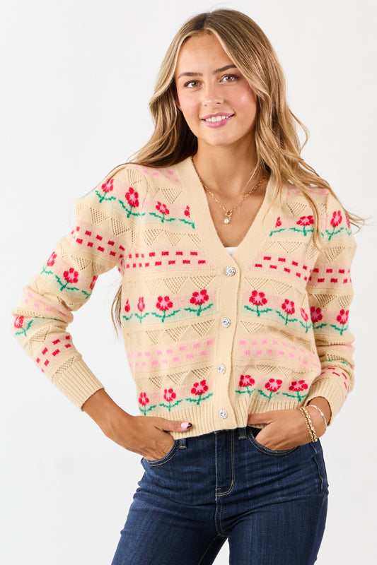 Almond Floral Print Pointelle Knit Cardigan
