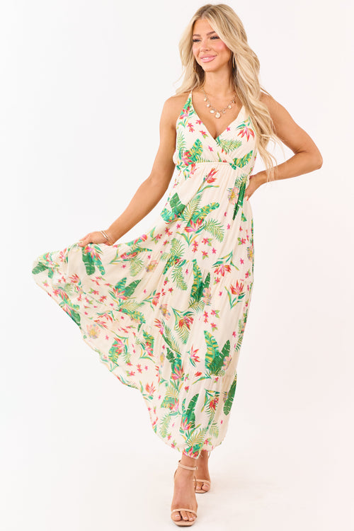 Almond Floral Print Surplice Sleeveless Maxi Dress