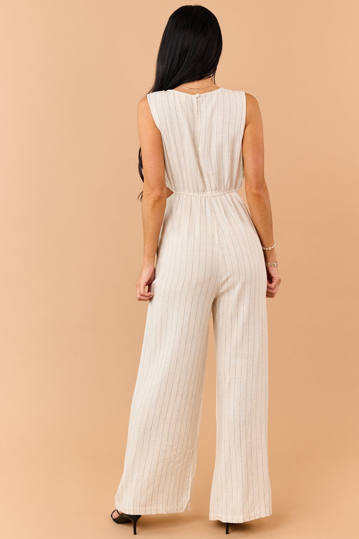Almond Pinstripe Linen Blend Side Cut Out Jumpsuit