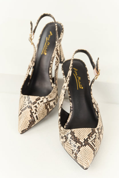 Almond Faux Snakeskin Pointed Toe Slingback Heels