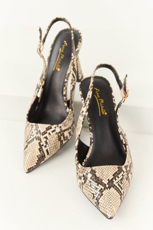 Almond Faux Snakeskin Pointed Toe Slingback Heels