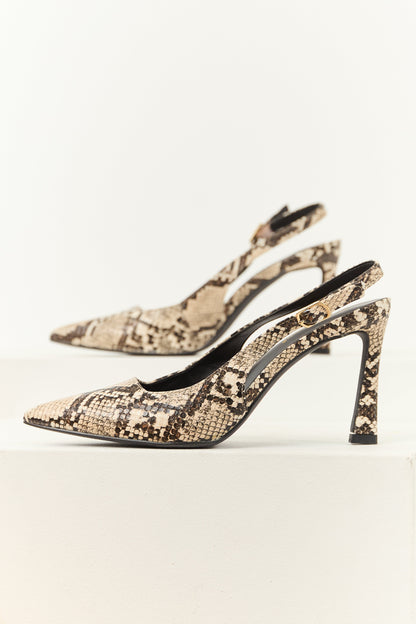Almond Faux Snakeskin Pointed Toe Slingback Heels