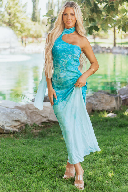 Azure Ombre One Shoulder Sash Maxi Dress