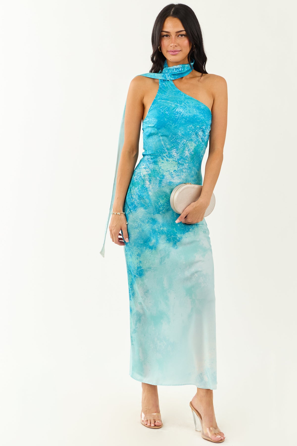 Azure Ombre One Shoulder Sash Maxi Dress