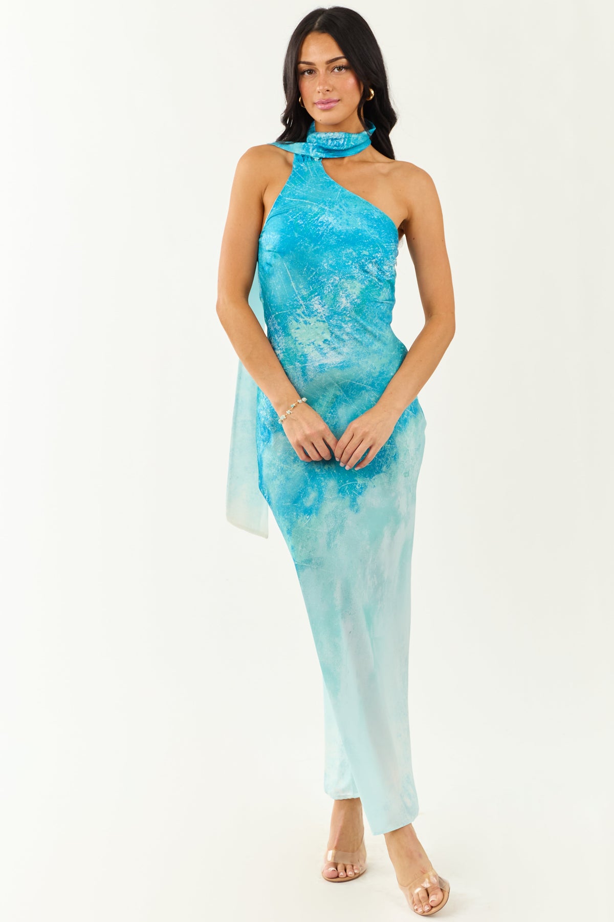 Azure Ombre One Shoulder Sash Maxi Dress