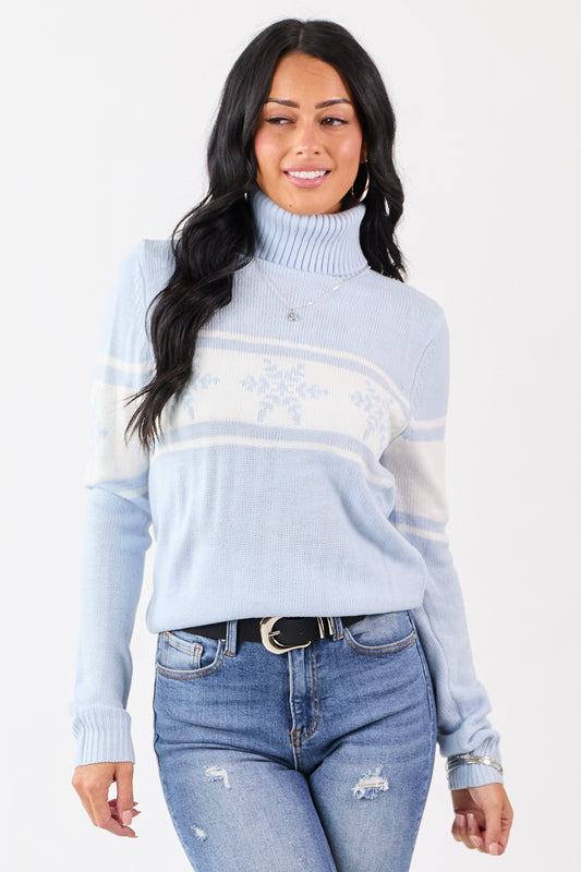 Baby Blue Snowflake Pattern Turtleneck Sweater