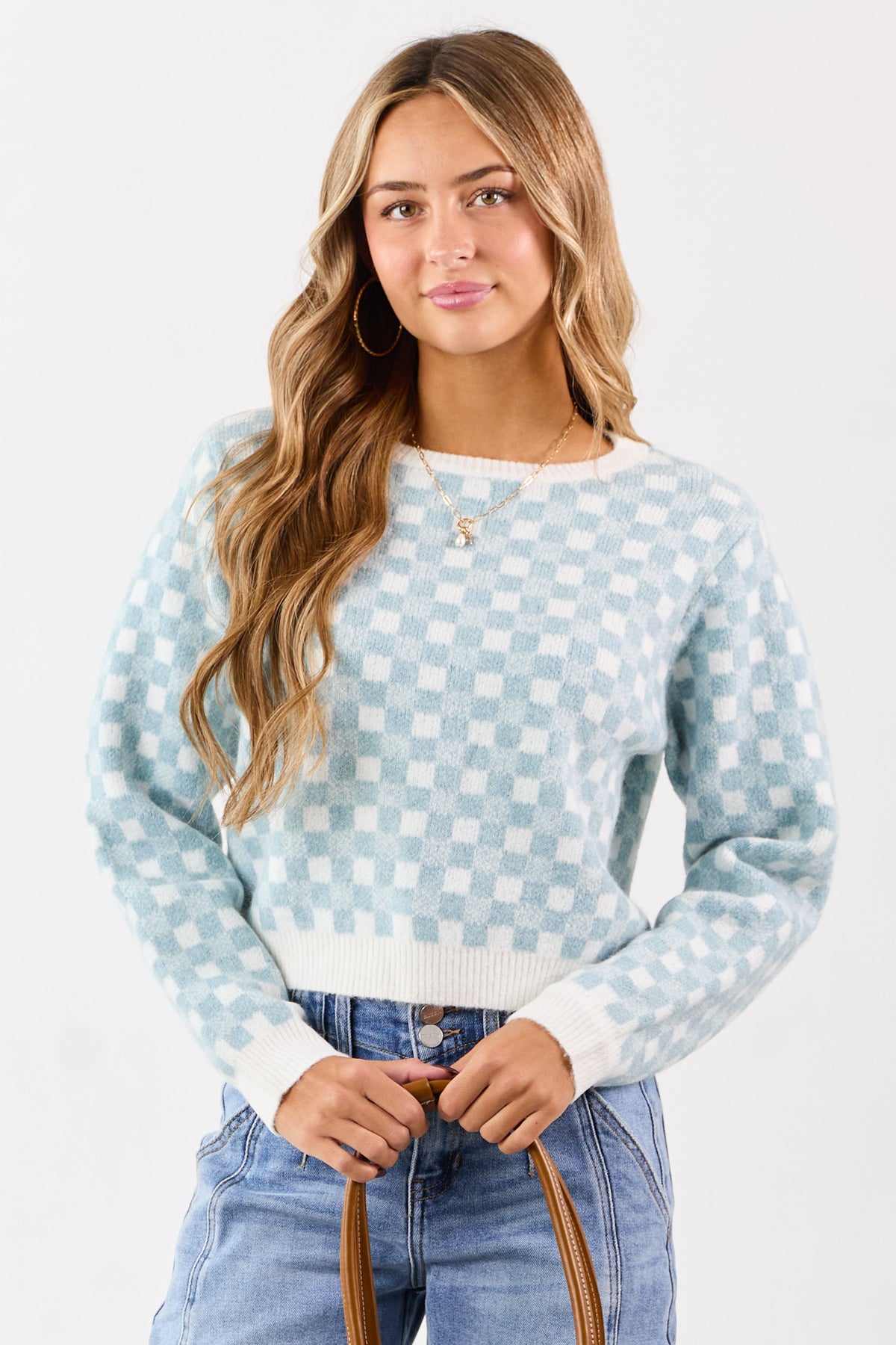 Baby Blue and Ivory Checkered Wool Blend Sweater