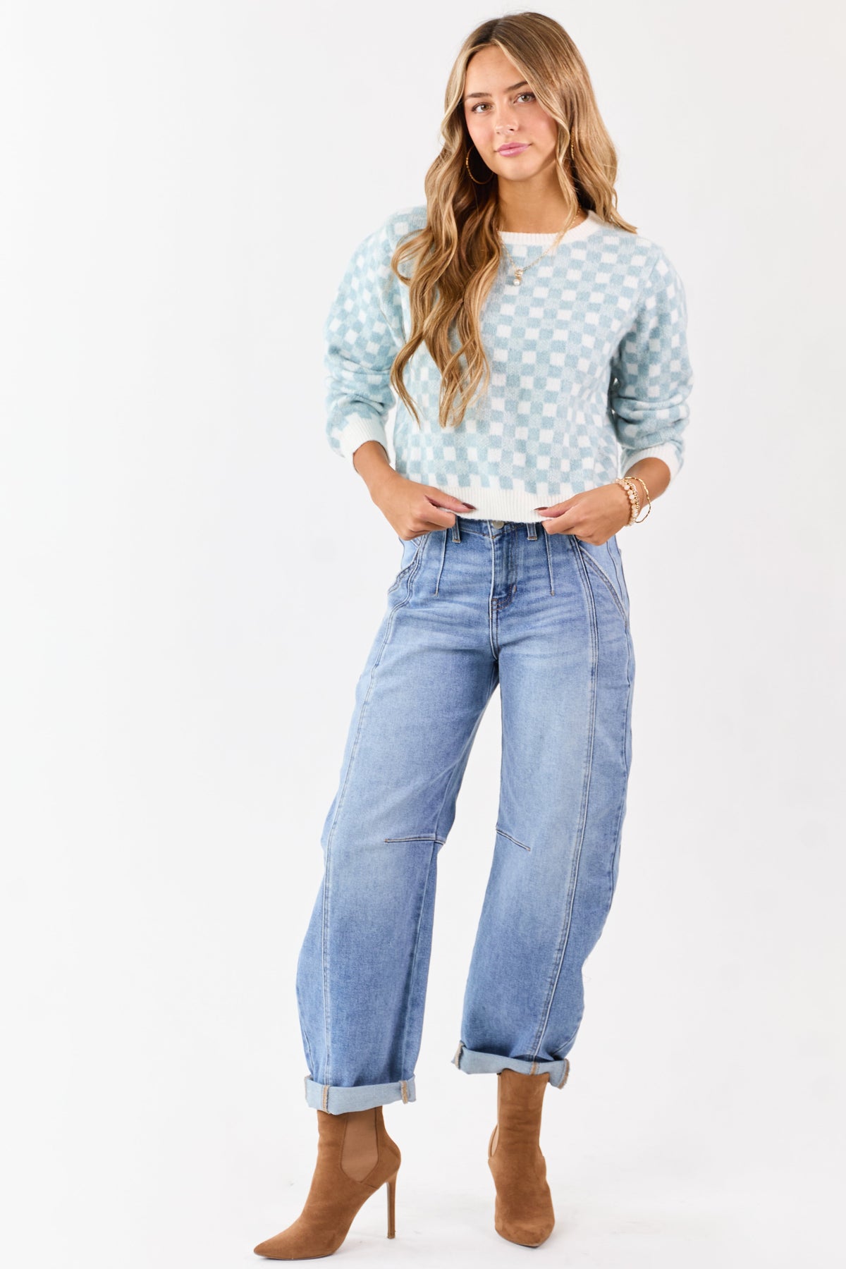 Baby Blue and Ivory Checkered Wool Blend Sweater