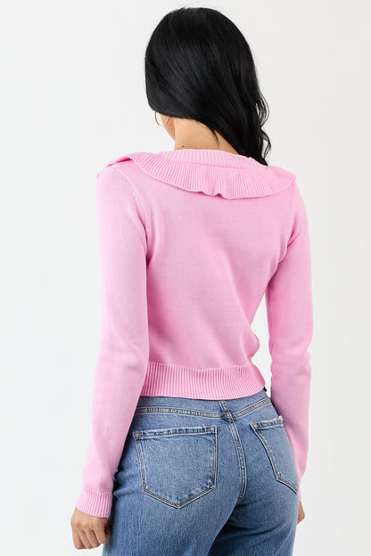 Baby Pink Ruffled Button Up Cotton Knit Cardigan
