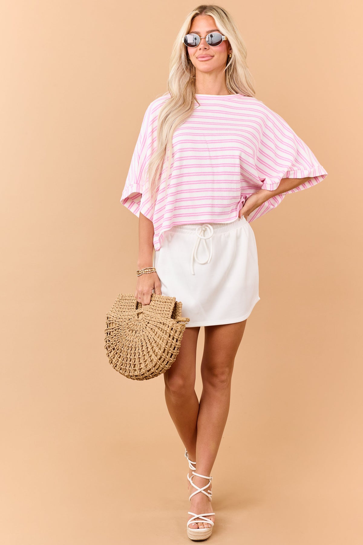 Baby Pink Striped Terry Cloth Half Sleeve Top
