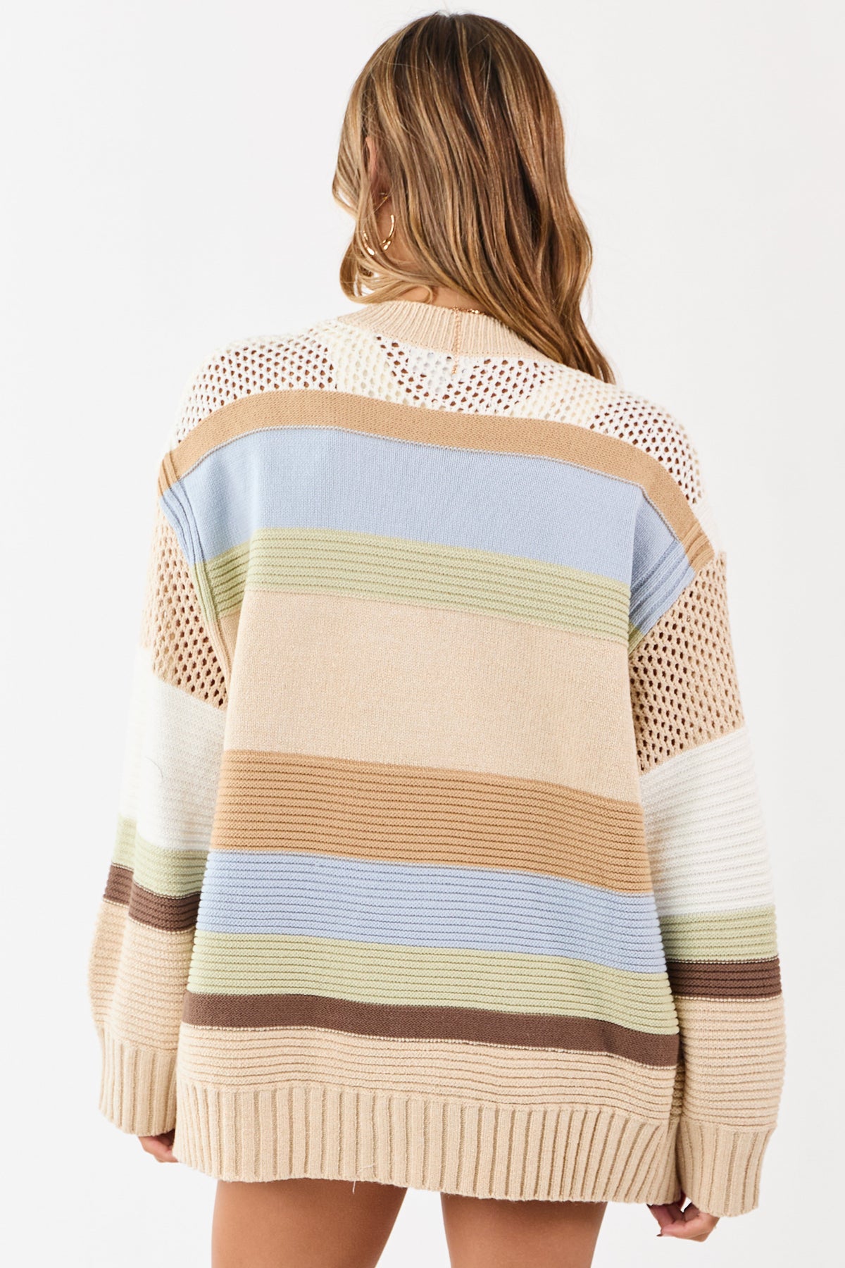Beige Colorblock Striped Relaxed Open Front Cardigan