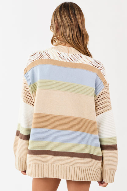 Beige Colorblock Striped Relaxed Open Front Cardigan