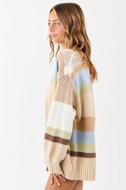 Beige Colorblock Striped Relaxed Open Front Cardigan
