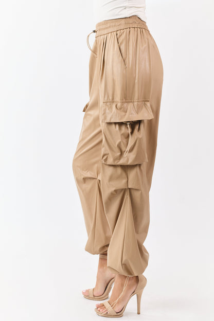 Beige Faux Leather Elastic Waist Cargo Pants