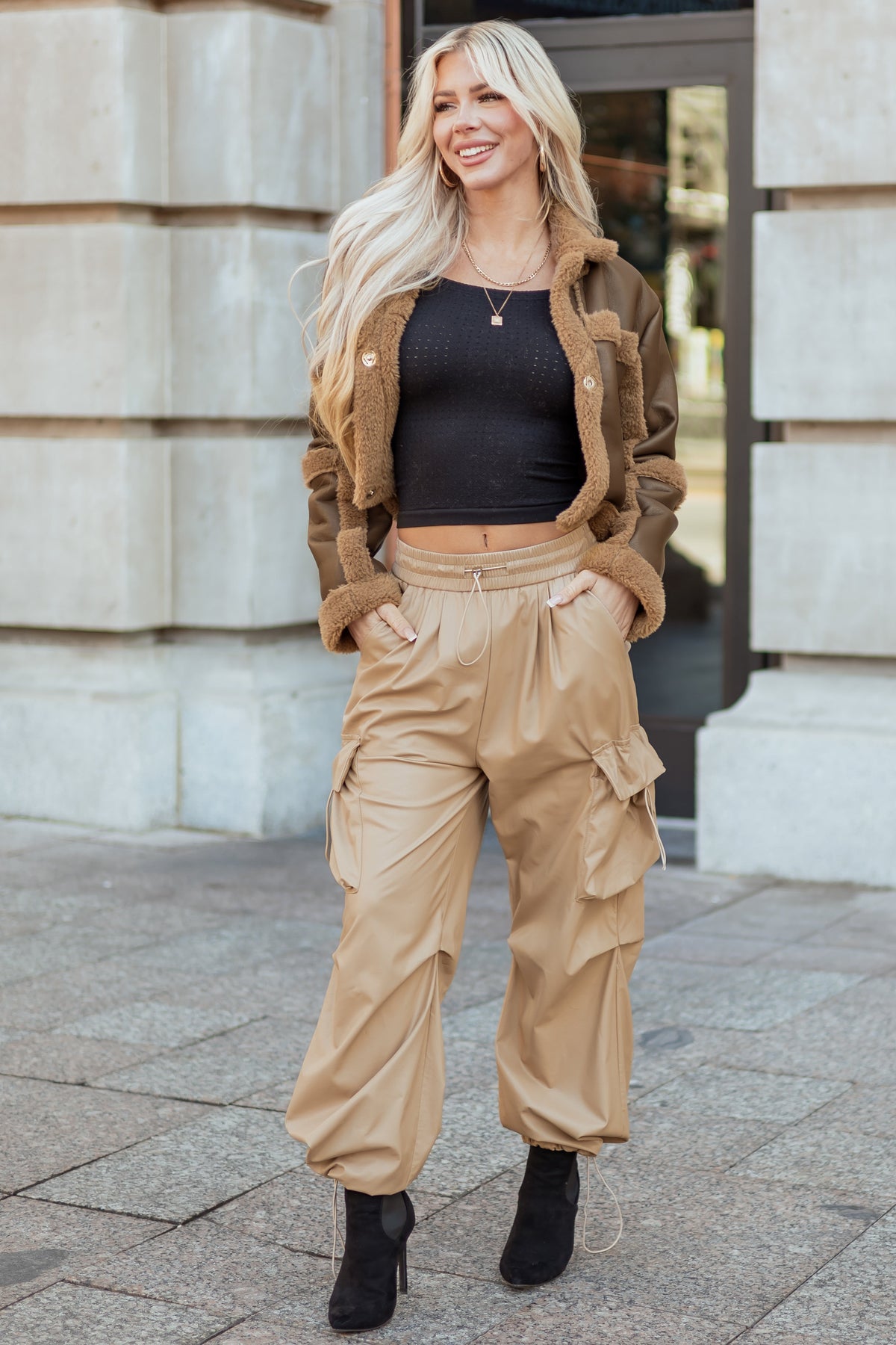 Beige Faux Leather Elastic Waist Cargo Pants