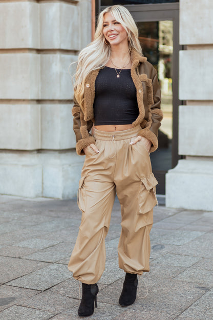 Beige Faux Leather Elastic Waist Cargo Pants