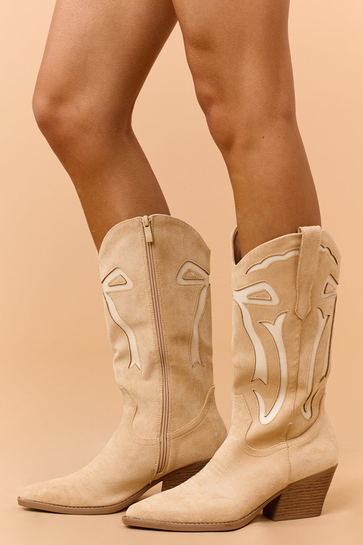 Beige and Cream Faux Suede Western Style Boots