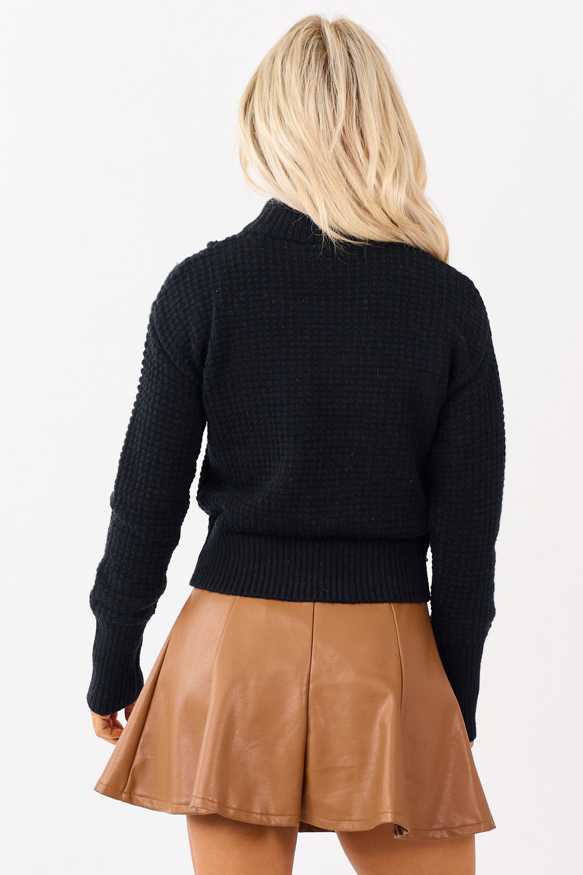 Black 3D Chain Detail Mock Neck Waffle Knit Sweater