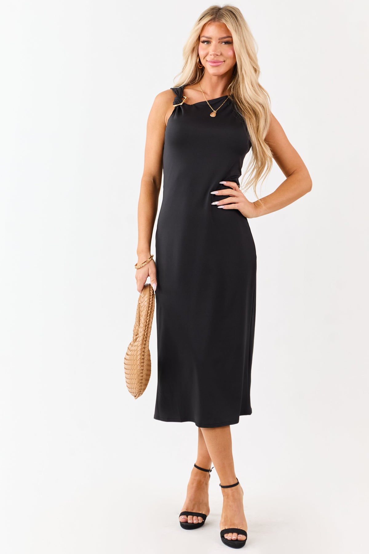 Black Asymmetrical Gold Ring Neck Midi Dress
