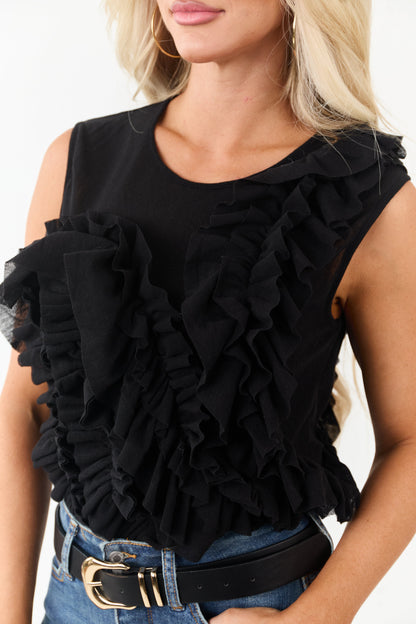 Black Asymmetrical Ruffled Tank Top