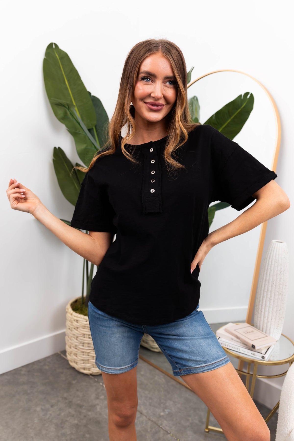 Black Button Front Oversized Knit Top