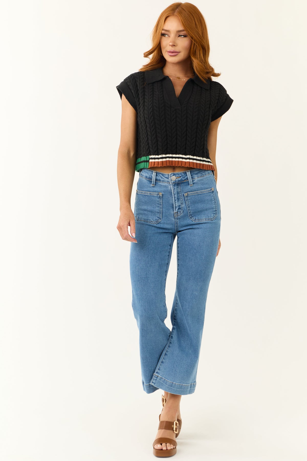 Black Contrast Hem Cropped Sweater Top