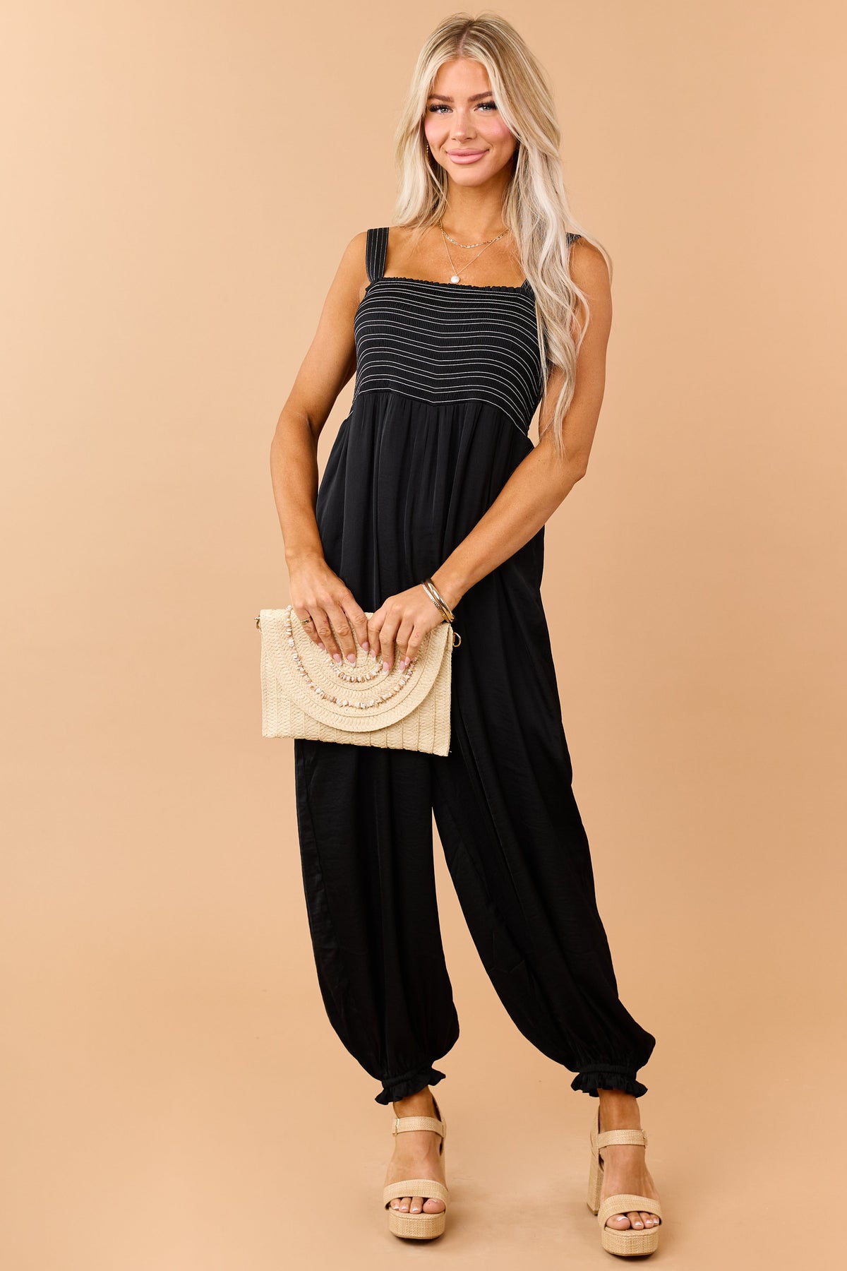 Black Contrast Stitch Smocked Bodice Jumpsuit